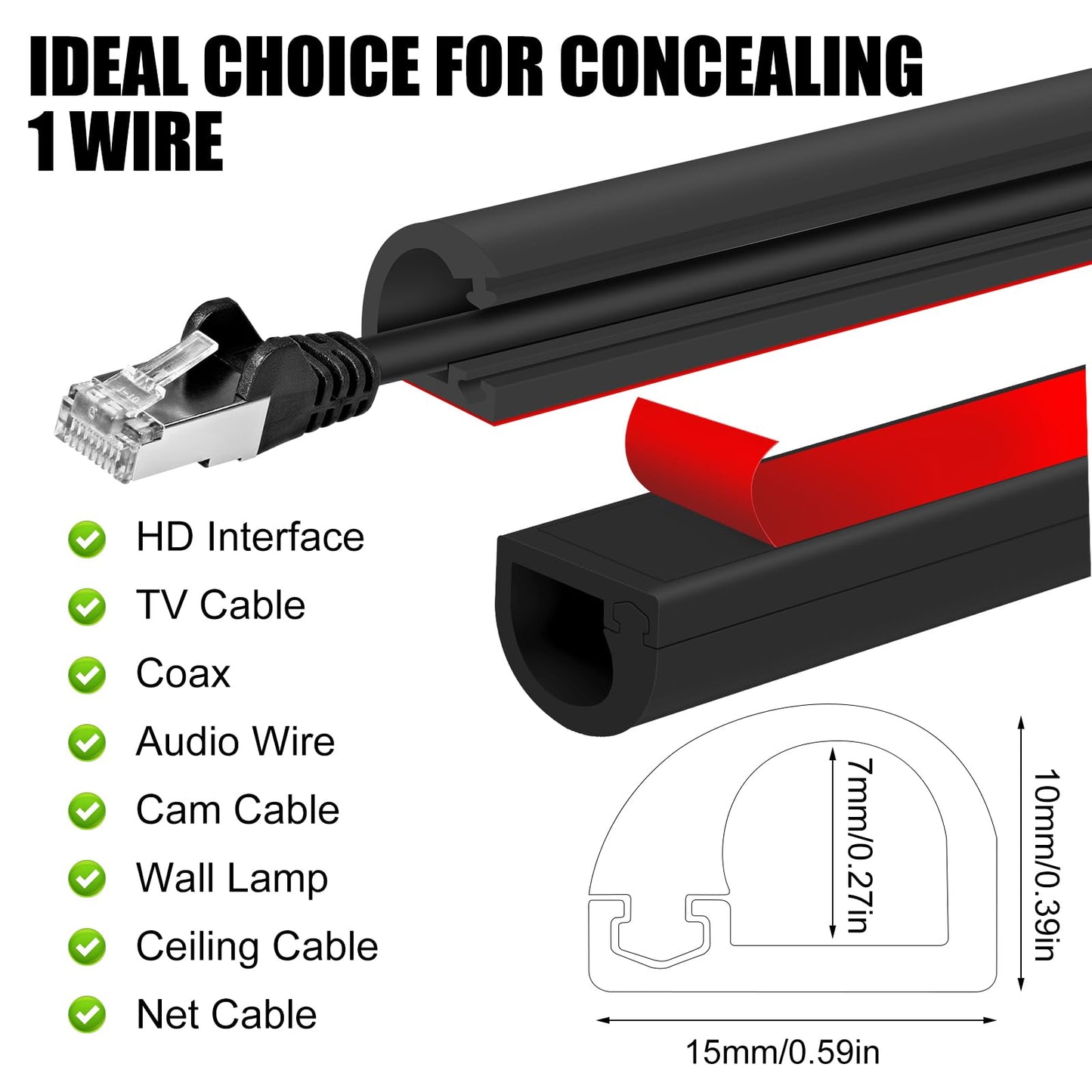 Self-Adhesive Cable Hider, Flexible Wire Cover Cable Raceway for Wires, Wall Mount TV, Home Audio, Network, Power, and Phone Line Managemen (Black