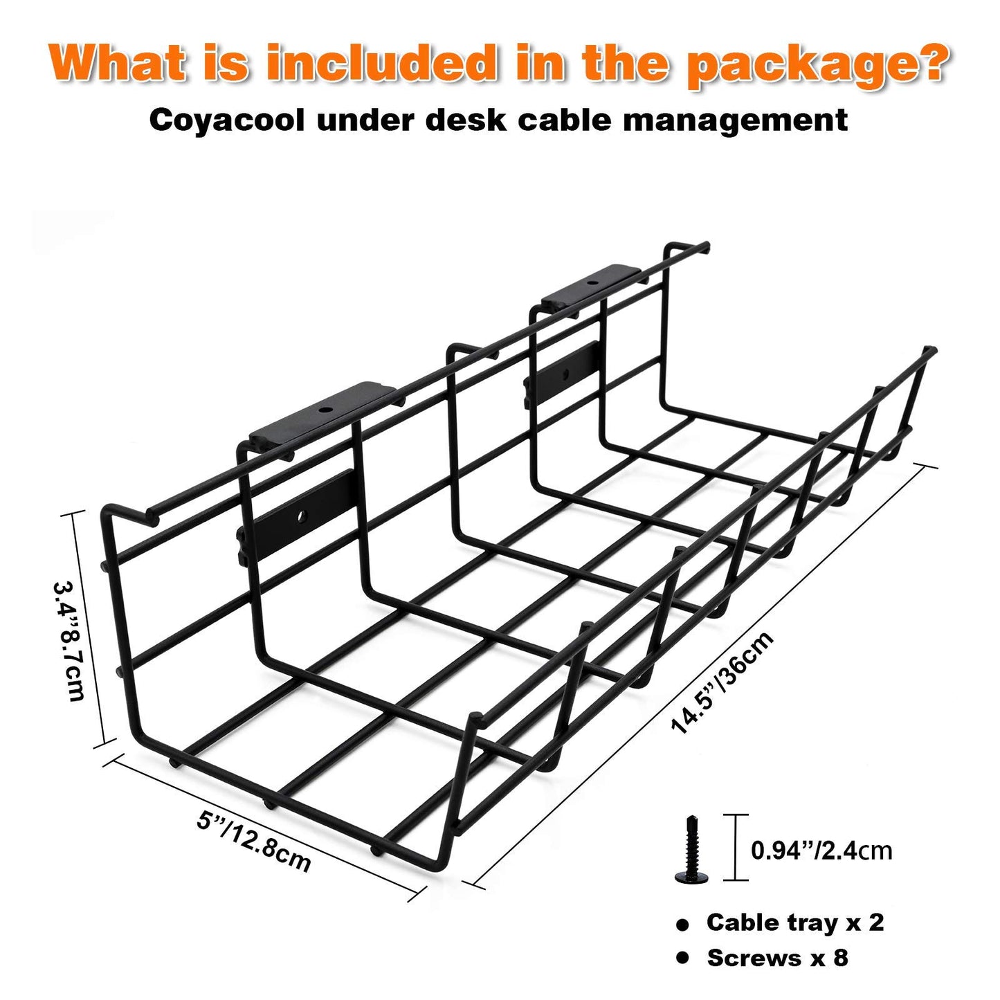 COYACOOL Under Desk Cable Management- 2 Pack Cord Organizer. Metal Wire Cable Management Tray for Office, Studio and Home. Super Sturdy Under Table