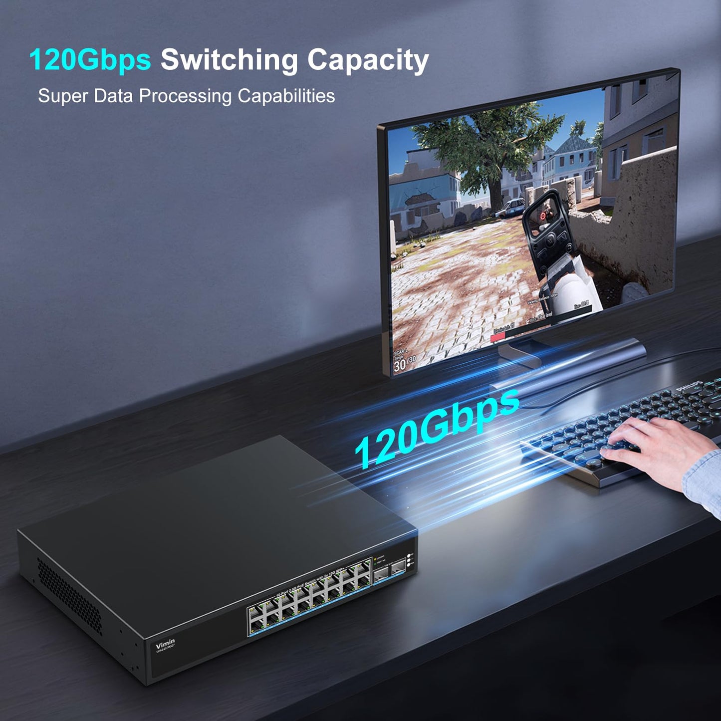 16 Port 2.5G PoE Switch Unmanaged with 2X 10Gbps SFP, VIMIN 16x 2.5G Base-T PoE Ports, 10G SFP PoE Switch w/ 120Gbps Ethernet Switching Capacity