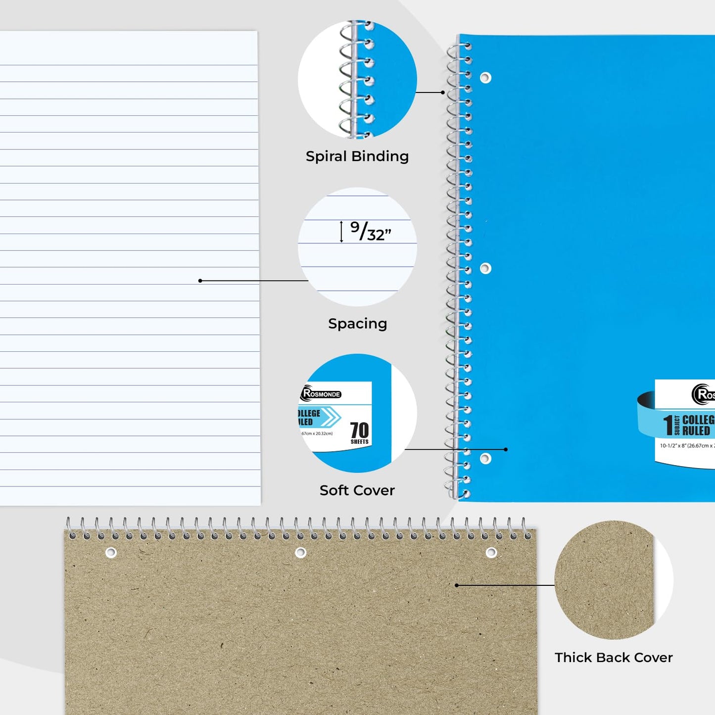 Rosmonde 1 Subject Spiral Notebook Bulk, 50 Pack, College Ruled, 70 Sheets
