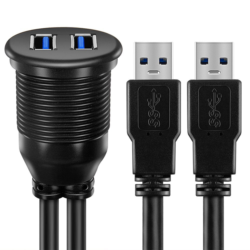 OBVIS 2 Ports Dual USB 3.0 Male to USB 3.0 Female AUX Flush Mount Car Mount Extension Cable for Car Truck Boat Motorcycle Dashboard Panel -(6 Feet)