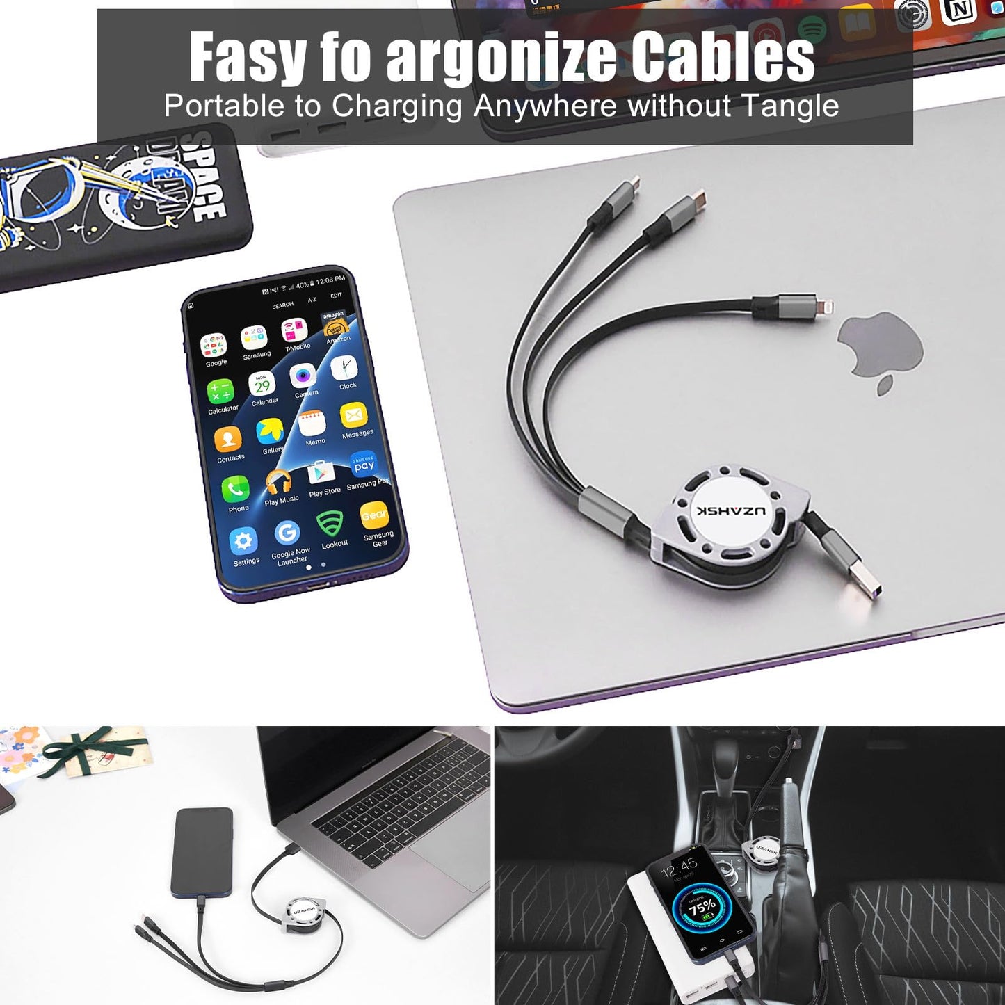 UZAHSK Multi Charging Cable 4ft 3 in 1 USB Retractable Phone Charger Cable with Type C/iOS/Micro USB Port Connector, Compatible with Cell Phones
