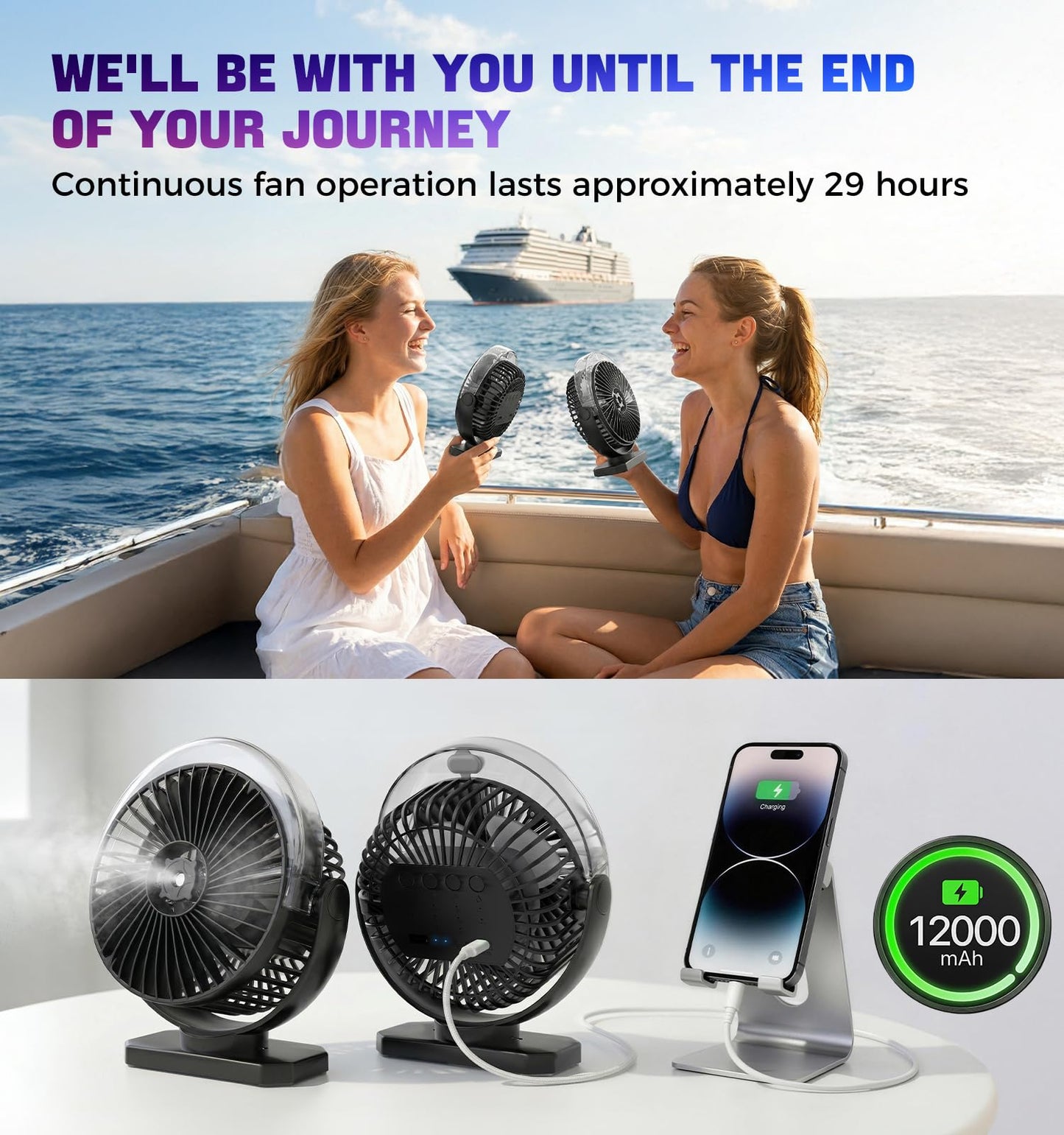 Zivolixd 2-Pack Magnetic Fan for Cruise Ship Cabin, 12000mAh Rechargeable Portable Misting Travel Fan, 80kg Strong Magnet Base & Hook, LED Light