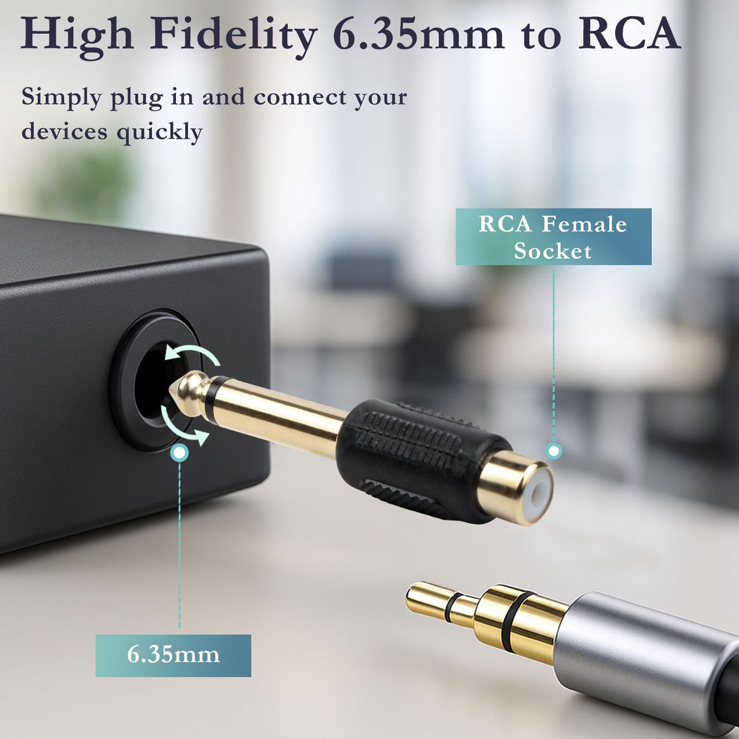 Brvlsoc RCA to 1/4" Audio Adapter (6-Pack) - 6.35mm Mono Male Plug to RCA Female Connector, Gold-Plated Audio Jack for Speakers, Amps, Instruments