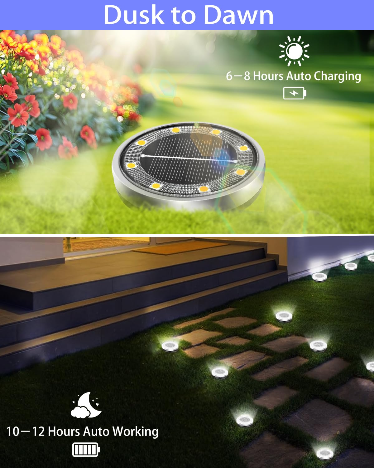 Solar Lights Outdoor Waterproof, 8 Pack 8 LED, Thickened Stainless Steel Ground Light, Solar Garden Lights Landscape Lighting for Patio Pathway Lawn