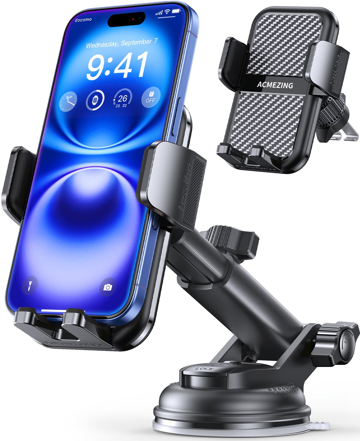 3-in-1 Car Phone Holder [122+LBS Strongest Suction & Stable Clamp Arm] 360° Adjustable Car Phone Mount, Cell Phone Holders for Your Car for Dashboard