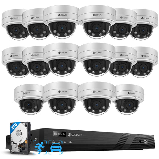 4COVR 16 Channel Security Camera System for Business, Human Vehicle Detection, 16x 5MP 2.8-12mm AutoFocus IK10 Vandal-Proof IP67 Dome Commercial IP