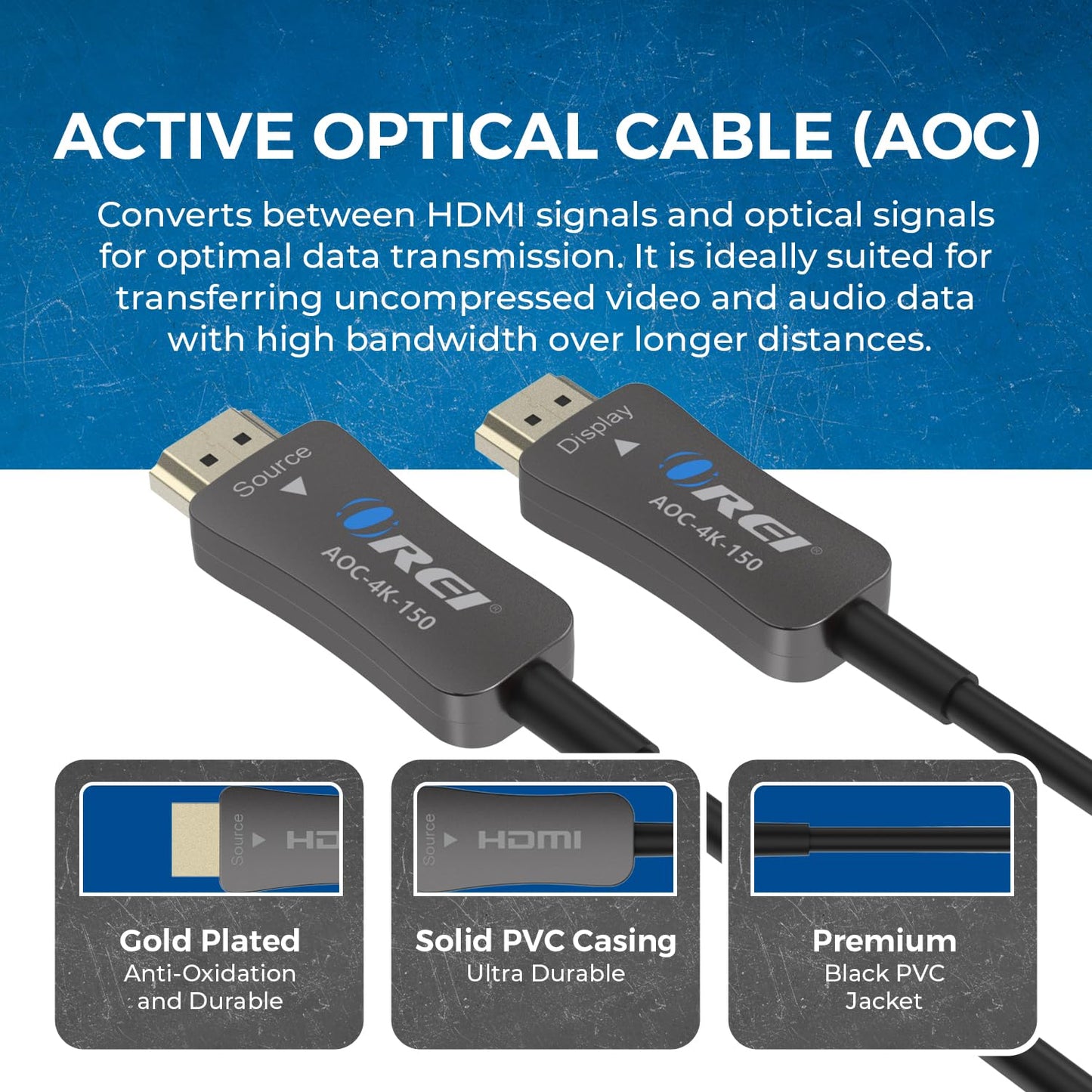 OREI Fiber Optic HDMI Cable 150ft 4K@60Hz HDMI 2.0b HDR ARC HDCP 2.2 High Speed 18Gbps Slim Flexible and Lightweight Fiber with 3D Support