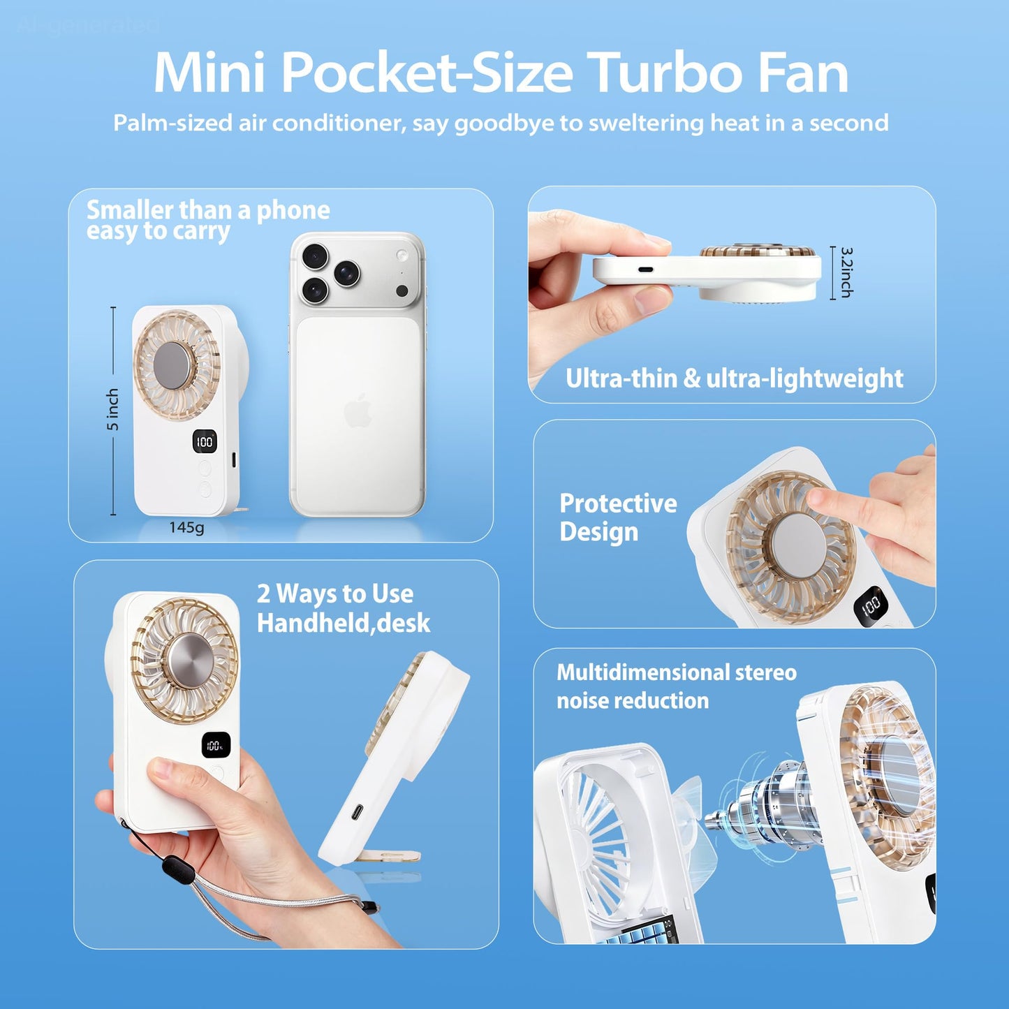 Riecin Portable Handheld Mini Fan, Semiconductor Personal Fan with Ice Cooling Plate, 100 Speed Wind, USB Rechargeabe Portable Fan with LED Display