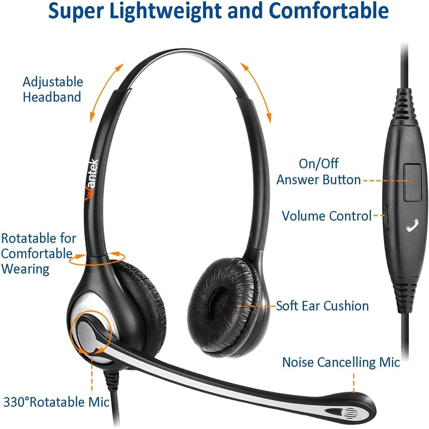 Wantek Phone Headset Wired Computer Headset with Microphone - Noise Cancelling 3.5mm/2.5mm Headphones for PC, Laptop, Mac, iPhone, Samsung