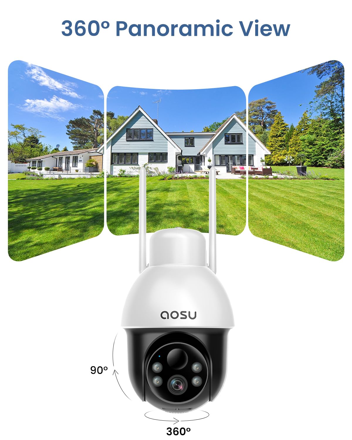 aosu Solar Security Camera Wireless Outdoor with Panoramic PTZ, Human Auto Tracking, 2K Night Vision, Light and Sound Alarm, 2-Way Audio, Works
