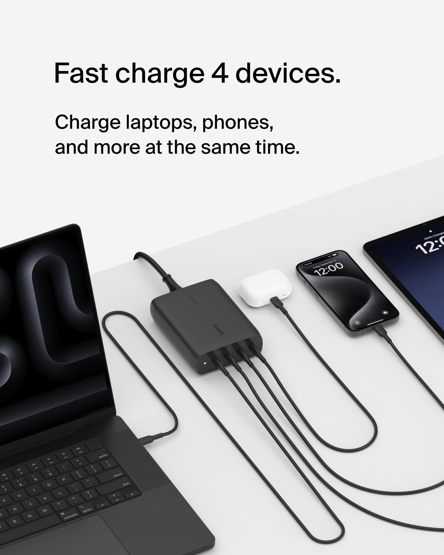 Belkin 4-Port USB C Charger Block, 200W GaN Multi-Port Charger USB-C PD 3.1 Fast Charge + 5ft Power Cord - MacBook, iPhone 17, Air, iPad, Galaxy S26