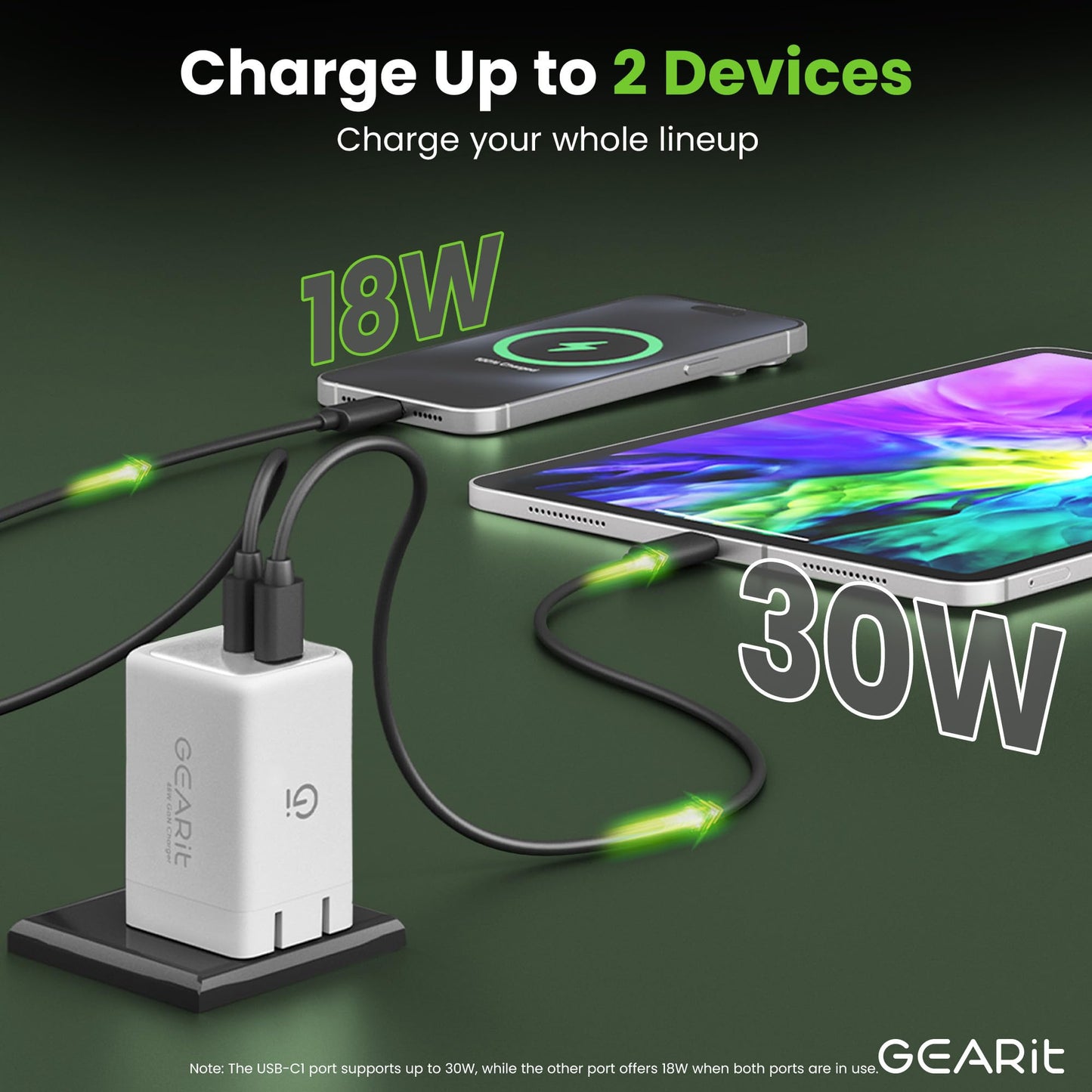 GEARit Compatible with Apple, Samsung, iPhone, iPad & Google Pixel | 48W USB C Charger Block | Fast Charging 2-Port GaN Wall Charger with PD 3.0 & PPS