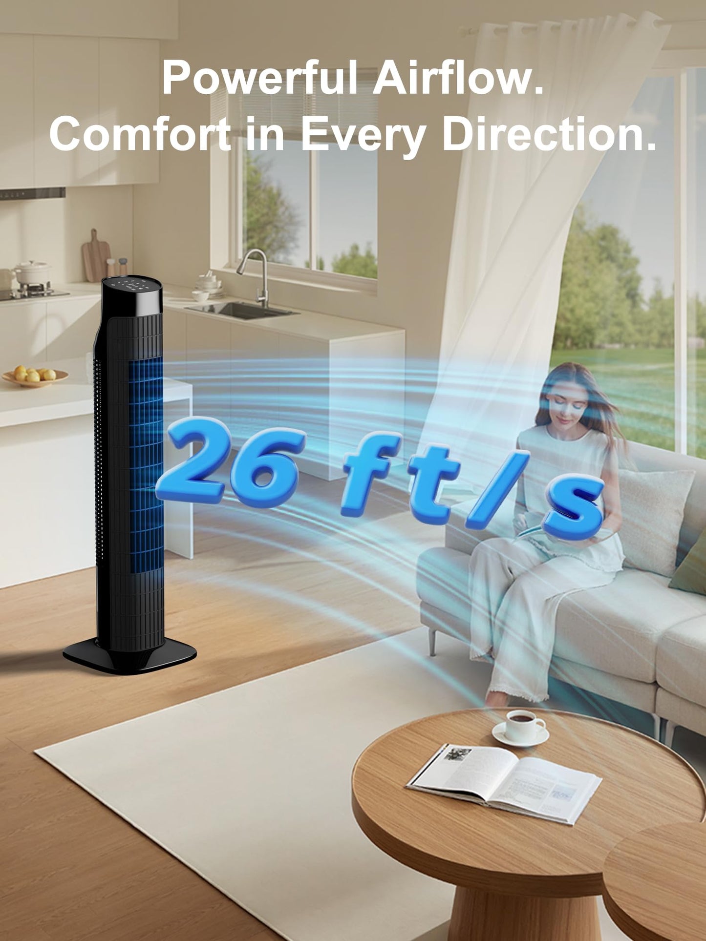 Uthfy Tower Fan for Bedroom, 120° Oscillating Standing Fan with Quiet Sleep Mode, 3 Speeds & 3 Modes, 7.5H Timer, Remote/Touch Control, Bladeless