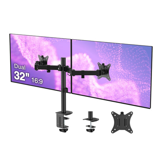 SIIG Dual 32 Inch Articulating Monitor Arm-Black for 17-32" VESA Screens, Full Motion Tilt Swivel Rotation, Height Adjustable Mount with C-Clamp