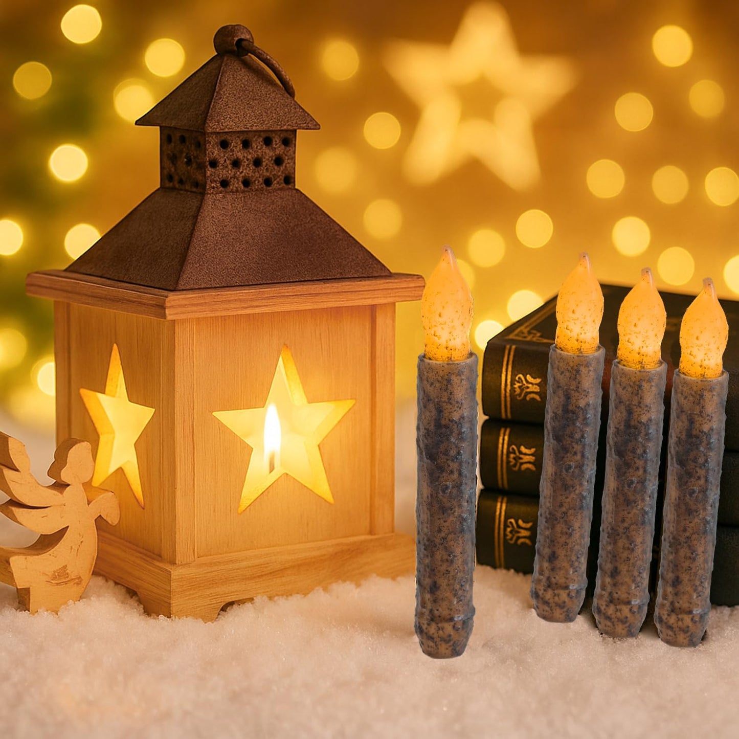 Aulaygo 6.5'' Real Wax Taper Primitive Candles Battery Operated 6 Packs Electric Flickering Flameless Candle for Country Room Dining Table Window