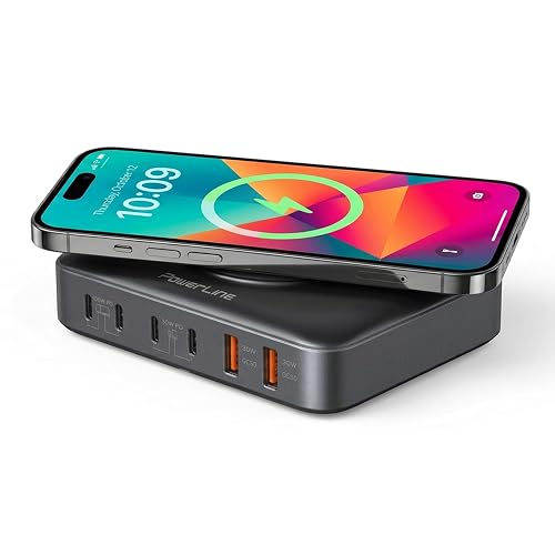PowerLine 100W, 7-Port (4X USB C, 2X USB A, Wireless Charging pad) Desktop Charging Station (PD3 Fast Charging, GaN Tech) for MacBook, Laptop