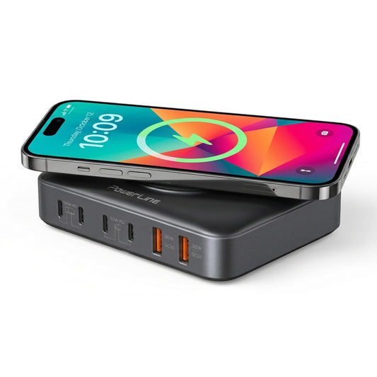 PowerLine 100W, 7-Port (4X USB C, 2X USB A, Wireless Charging pad) Desktop Charging Station (PD3 Fast Charging, GaN Tech) for MacBook, Laptop