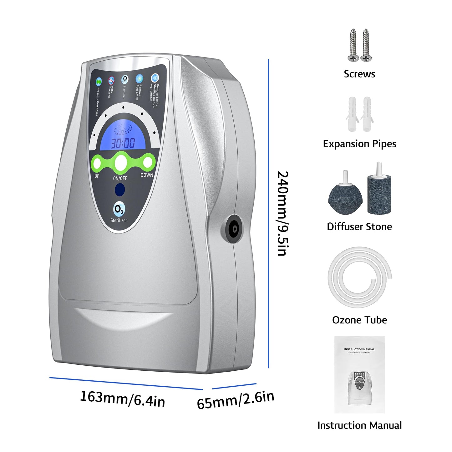 VTAR Ozone Machine, 500mg/h Multipurpose Ozone Machine Purify Air, Water, Fruits, Vegetables, Toothbrushes, Aquarium Cleaner Device in Water - Silver