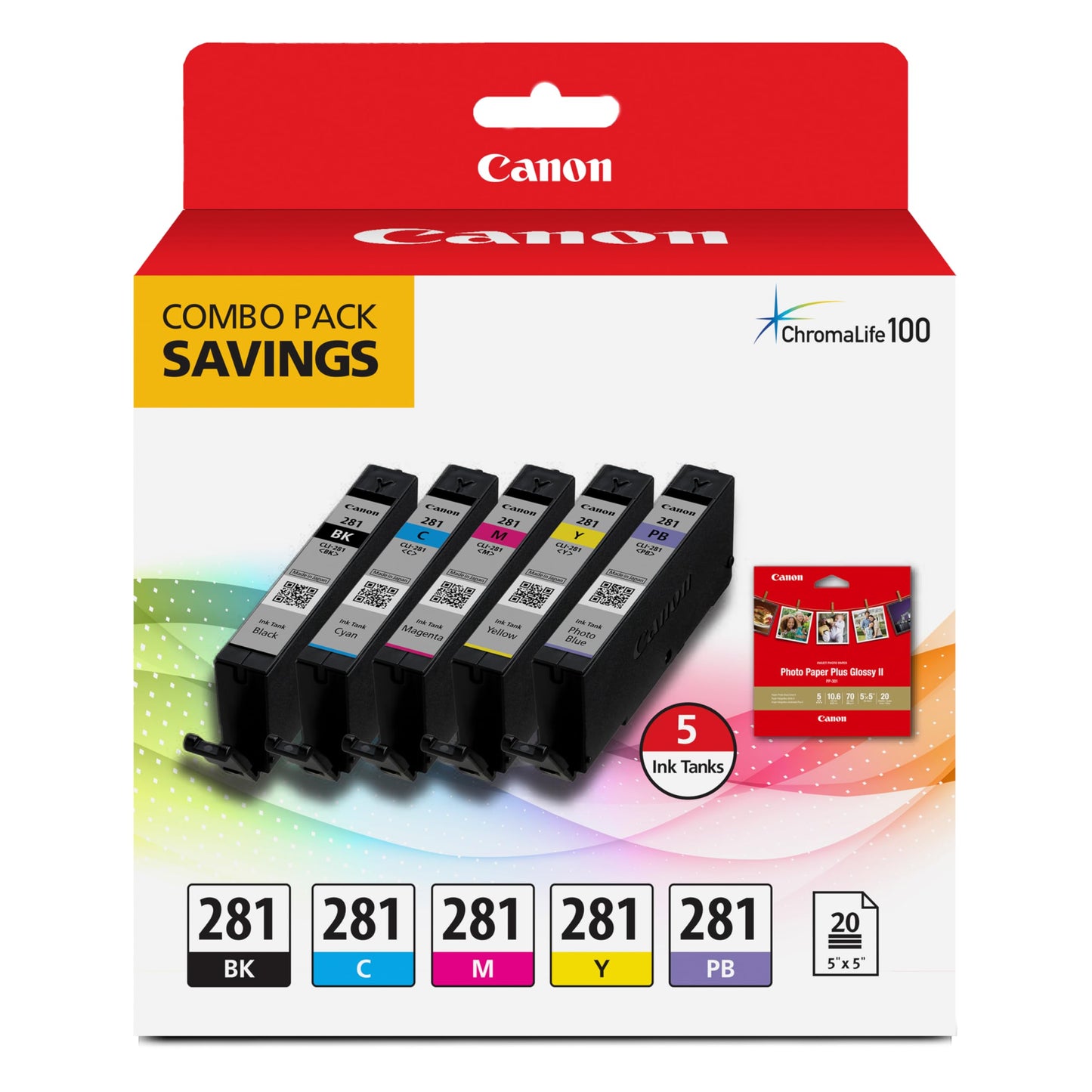 Canon CLI-281 Genuine Combo Pack with 20 (5"x5") Sheets, Compatible with TS9120 Series,TS8120 Series, TS8220, TS8320, and TS6320 Printers