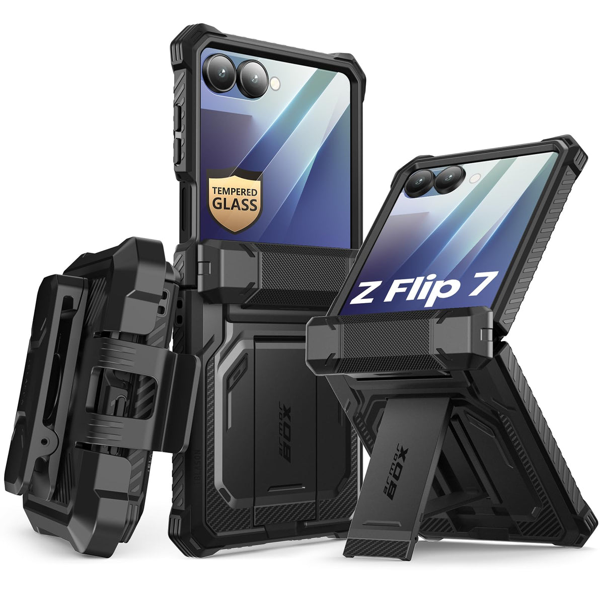 i-Blason for Samsung Galaxy Z Flip 7 Case with Stand [Front Tempered Glass Screen Protector] [Hinge Protection] [Belt-Clip] Full-Body Military