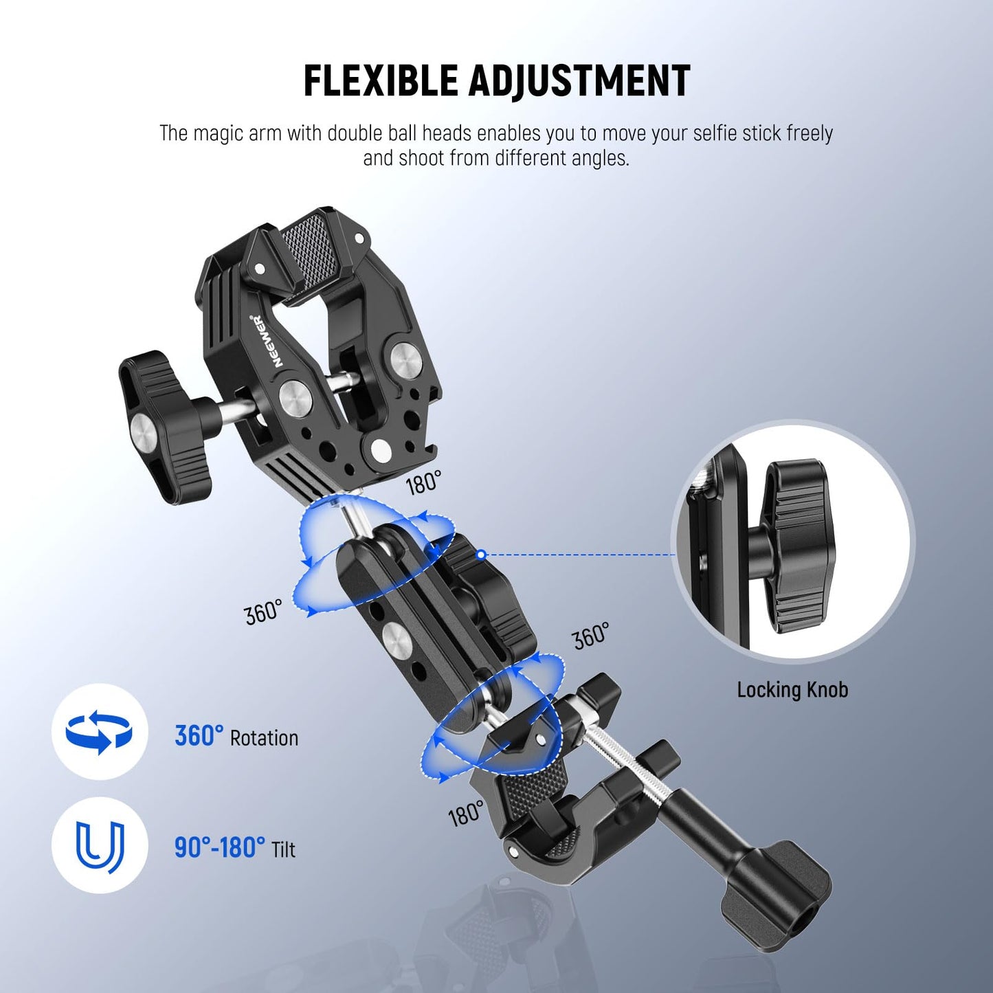 NEEWER Motorcycle Camera Mount Kit, Bicycle Handlebar Invisible Selfie Stick with Dual Ball Heads, Super Clamps, Action Camera Adapter Compatible