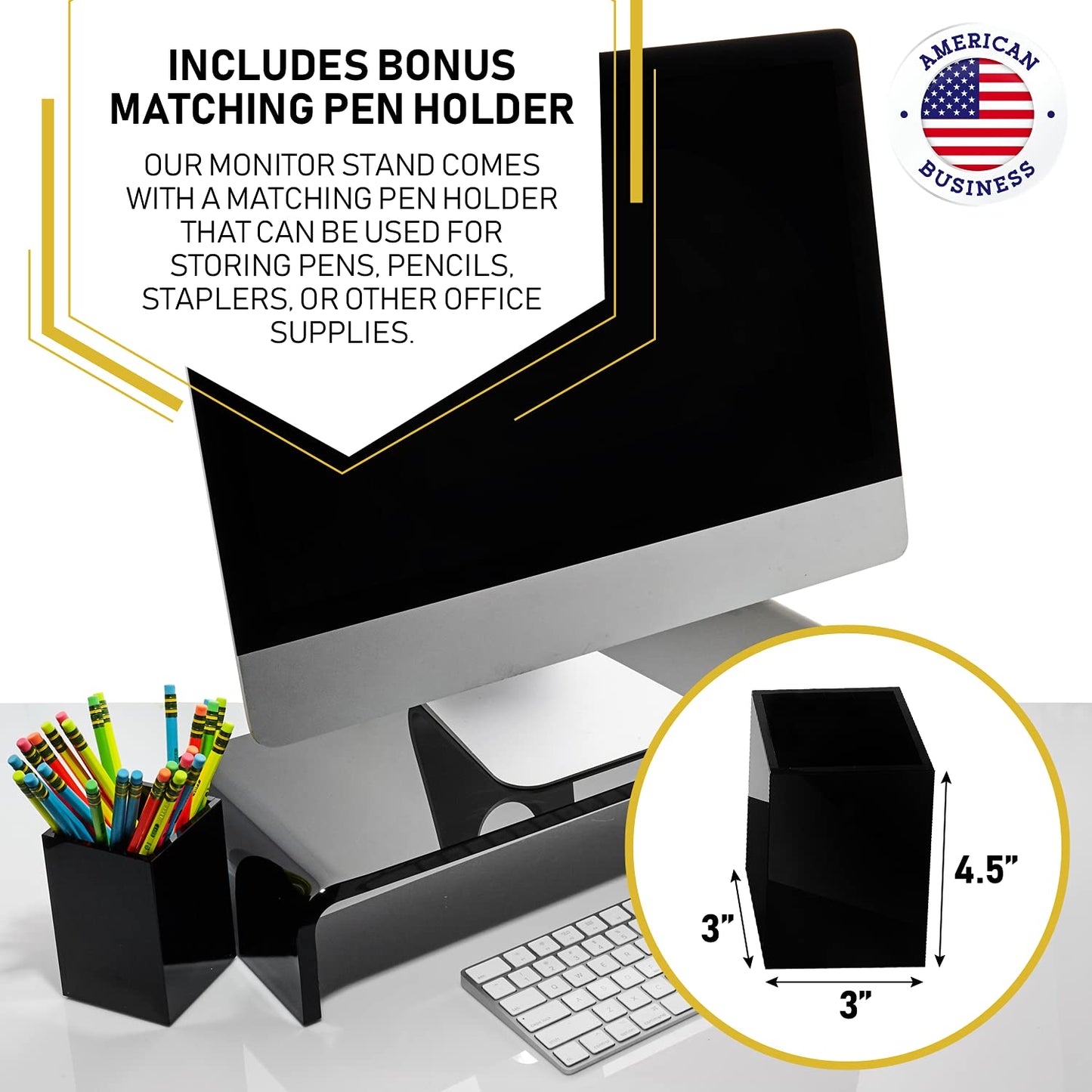 Acrylic Monitor Stand with Matching Pen Holder, 12mm Thick Clear Acrylic Monitor Riser, Laptop Stand for Home, Office, and Work. Computer Desk Riser