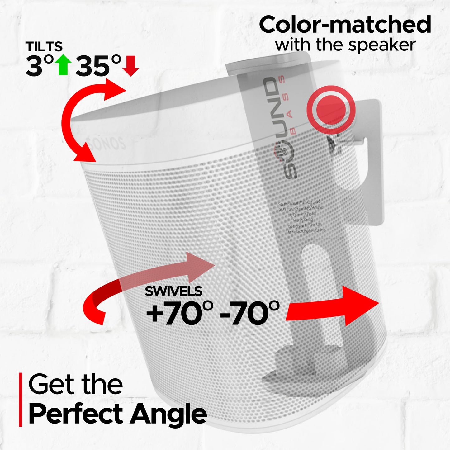 Sound Bass ONE, ONE Gen 2, ONE SL, Play:1 Wall Mount Bracket, White, Single, Compatible with Sonos ONE, ONE Gen 2, ONE SL & Play 1