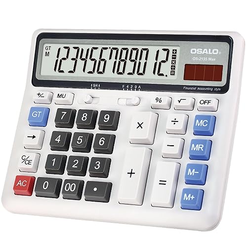 Desktop Calculator Extra Large LCD Display 12-Digit Big Number Accounting Calculator with Giant Response Button, Battery & Solar Powered, Perfect