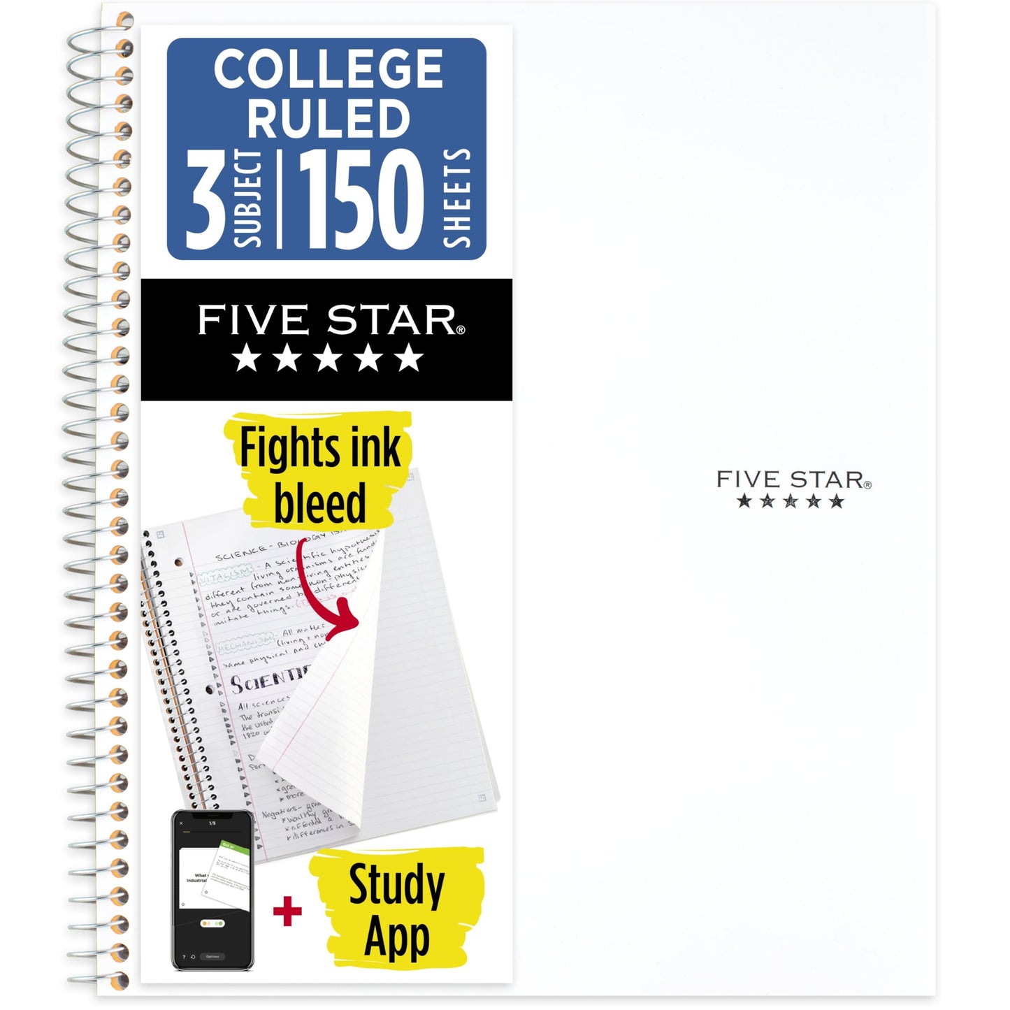 Five Star Spiral Notebook + Study App, 3 Subject, College Ruled Paper, 8-1/2" x 11", 150 Sheets, Fights Ink Bleed, Water Resistant Cover, White