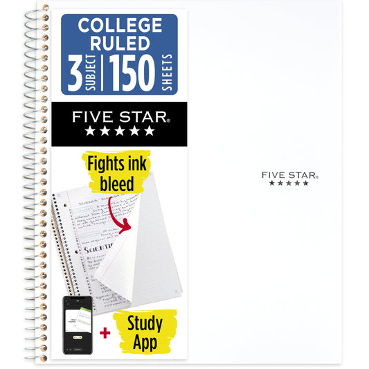 Five Star Spiral Notebook + Study App, 3 Subject, College Ruled Paper, 8-1/2" x 11", 150 Sheets, Fights Ink Bleed, Water Resistant Cover, White