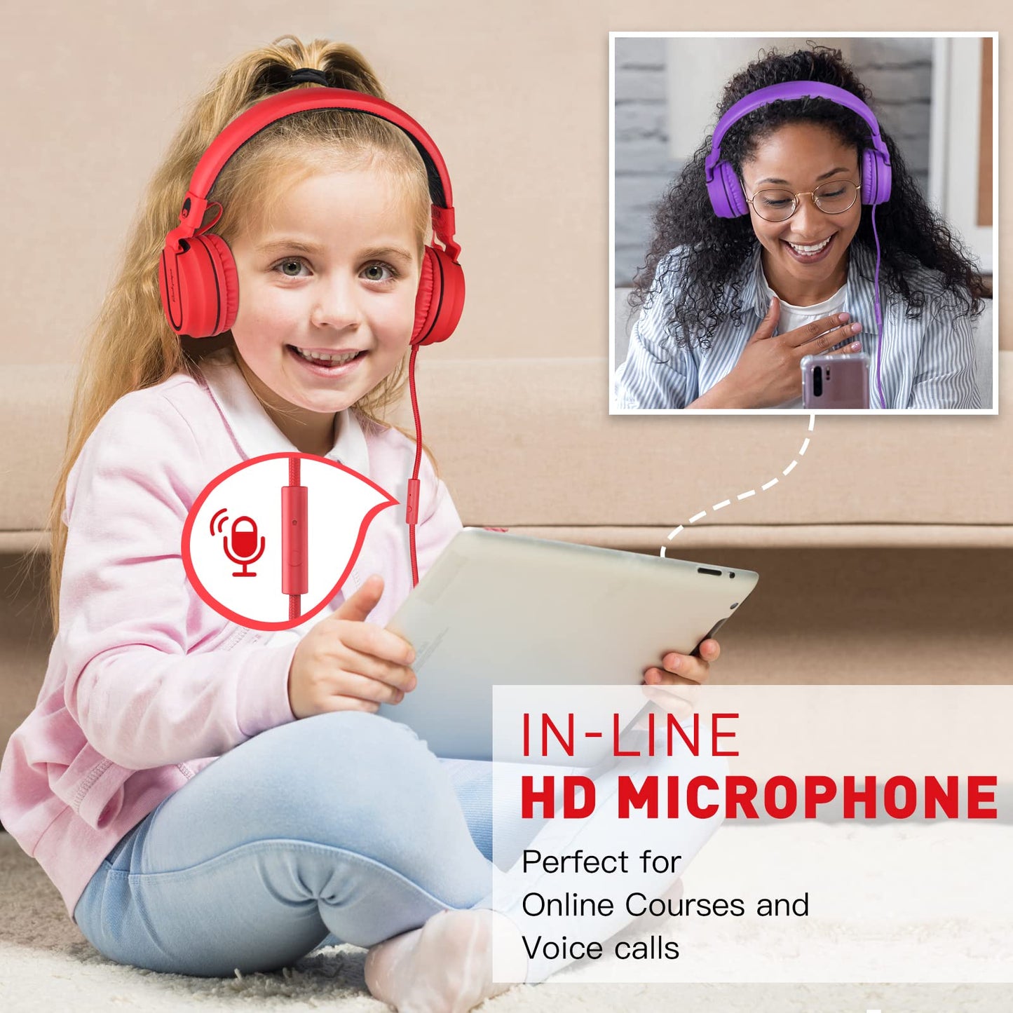 rockpapa 950 Wired Headphones for Kids Girls Boys for School Classroom with Microphone, On-Ear Foldable Corded Headphones with Jack 3.5mm for Laptop