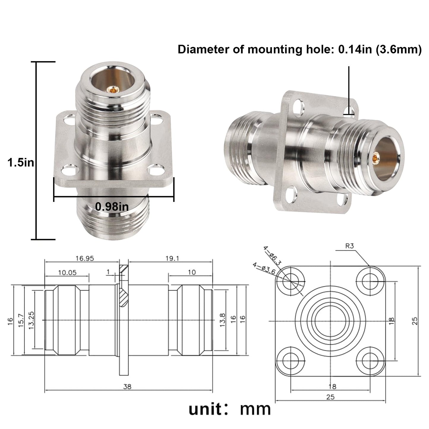 XRDS -RF 2pcs N Female to Female Connector 4 Hole Flange Panel Mount Adapter N Coax Jack Connector