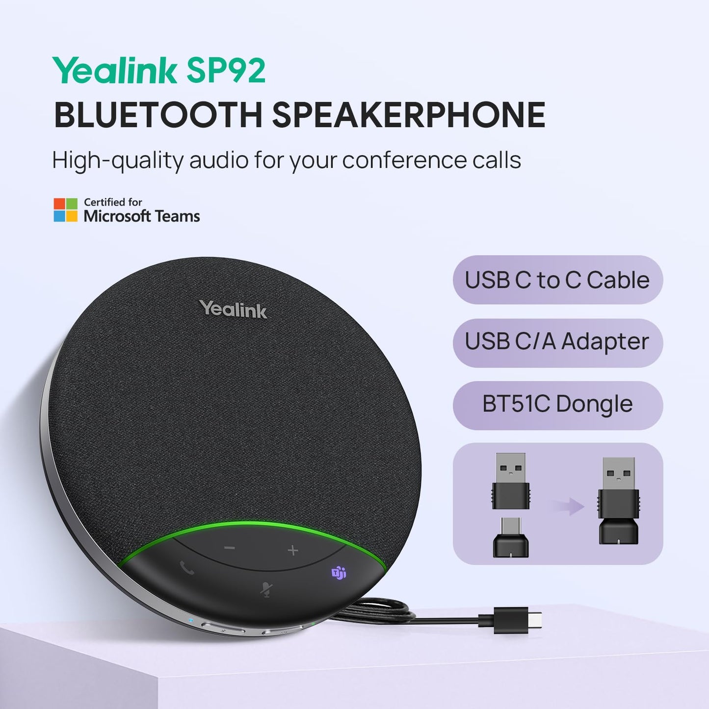 Yealink SP92 Bluetooth Speakerphone with Dongle Conference Speaker and Microphone Full-Duplex Noise Reduction 20h Teams Call 278g Wireless Portable