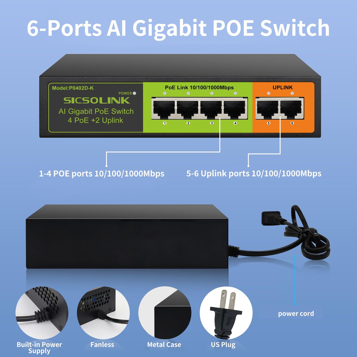 SICSOLINK Gigabit 6 Ports PoE+ Switch (4 PoE+ Ports, 2 Uplink), 802.3af/at, 65W Total Power, 1000Mbps, Unmanaged, Fanless, Metal Case, Suitable for IP