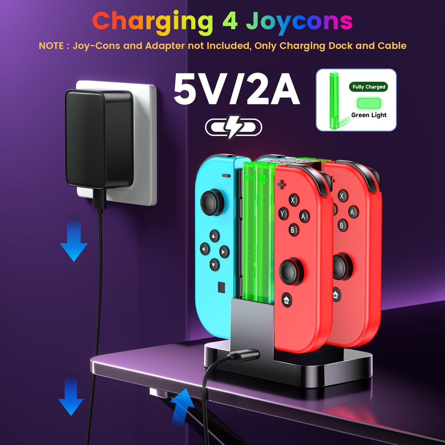 Wenocally Switch Controller Charger Dock Compatible with Nintendo Switch for Joycons & OLED Model with 6 RGB Light Mode, Charging Station for Wii