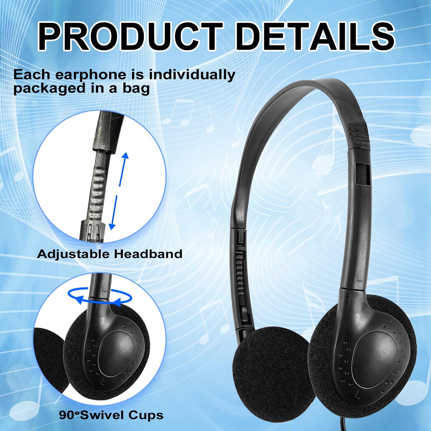 CN-Outlet Classroom Headphones Bulk 10 Pack for School,Libraries,Students,Adult, Individually Bagged Wholesale Disposable Headphones Classroom