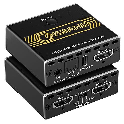 8K@60Hz 4K@120Hz HDMI2.1 Audio Extractor 2 in 1 Out Switch,48 Gbps,HDCP 2.3, SPDIF 5.1Ch,L/R 2.1Ch,Supports,ARC TV Apps,VRR,ALLM,HDCP Bypass,HDR,Dolby