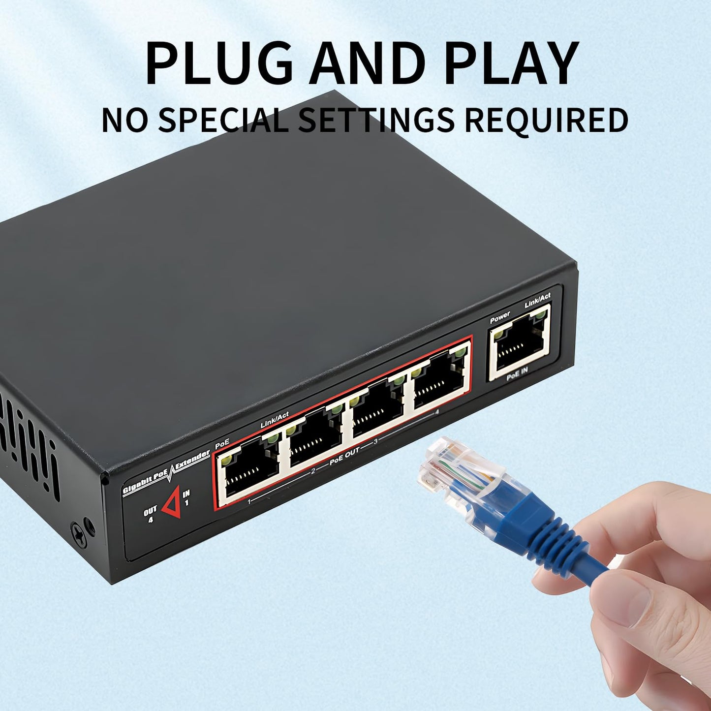 60W 4-Port Gigabit PoE Switch/Extender PoE Splitter Repeater, 10/100/1000Mbps, Supports IEEE 802.3af/at for Ethernet Extension, 6KV Lightning