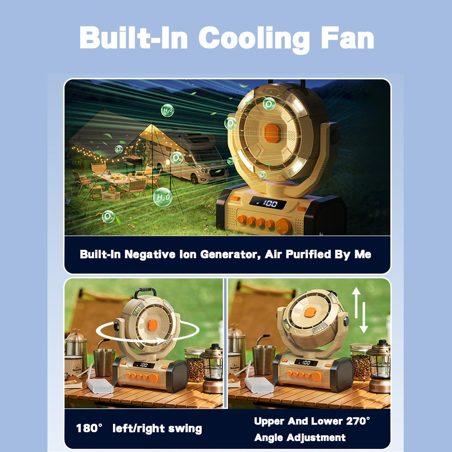 YUHANG Camping Fan Rechargeable Battery Powered - 40000mAh,Infinitely Adjustable Speed, 180° Rotating Fan Head,LED Lighting, With Timer,Remote