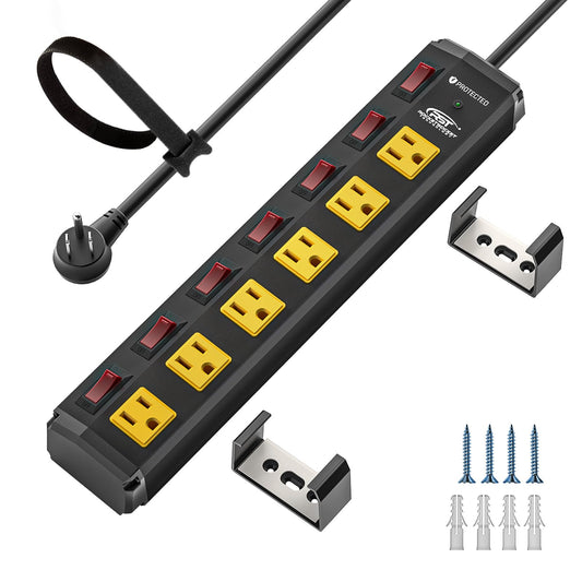 CRST 6 Outlet Metal Heavy Duty Power Strip with Individual Switches, 6FT Wall Mount Garage Power Strip, Surge Protector (1200 Joules), 15amp/1875W