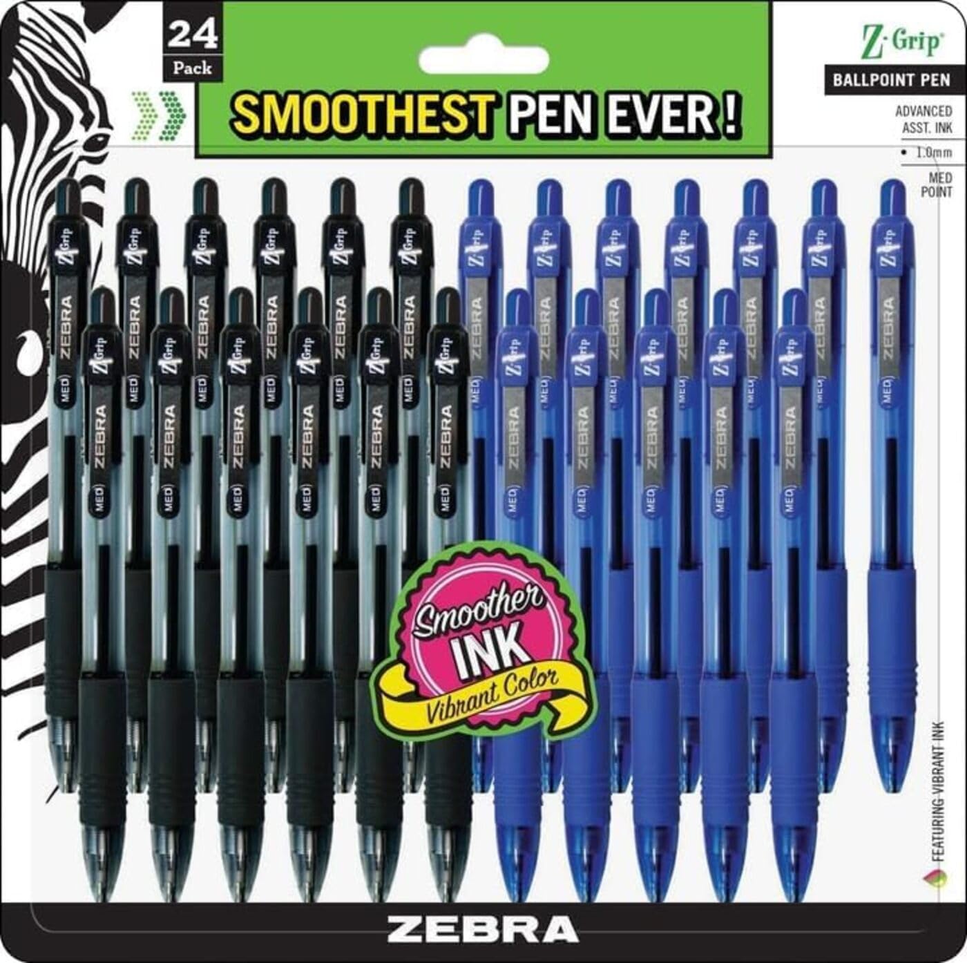 Zebra Pen Z-Grip Retractable Ballpoint Pen, Medium Point 1.0mm, 12 Black & 12 Blue Ink Pens, Bulk Pack of 24
