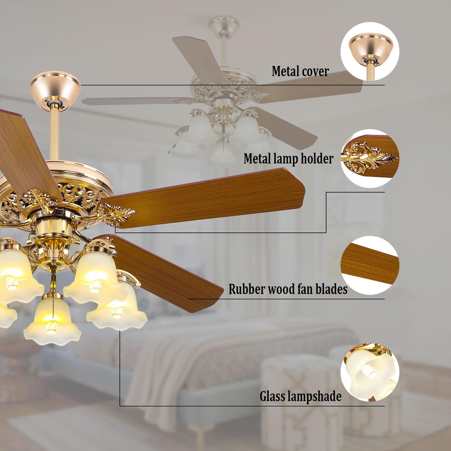 REBaiYU 52 Inch Rose Gold Ceiling Fan with Remote Control for Living Room