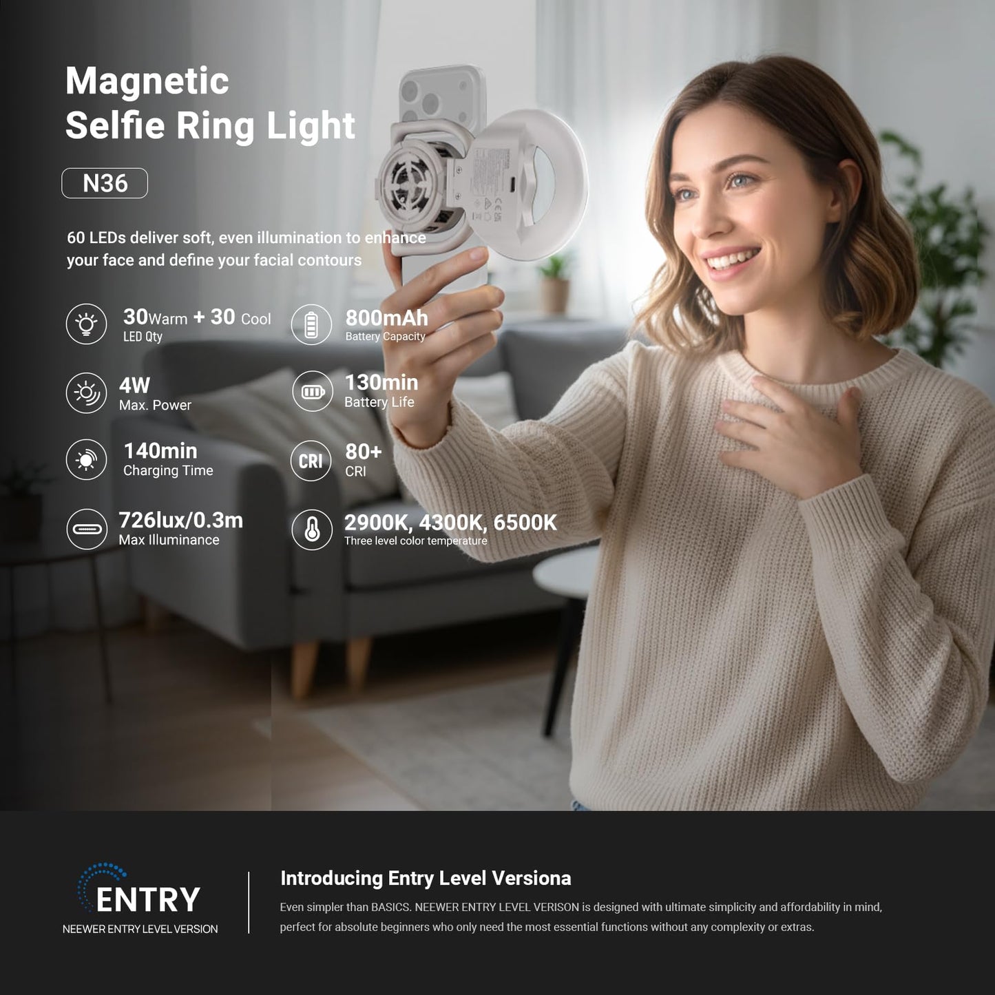 NEEWER Entry Level Version N36 Magnetic Selfie Ring Light & Phone Cooler Compatible with MagSafe iPhone, 4W Bi Color Foldable Small Plastic LED Fill