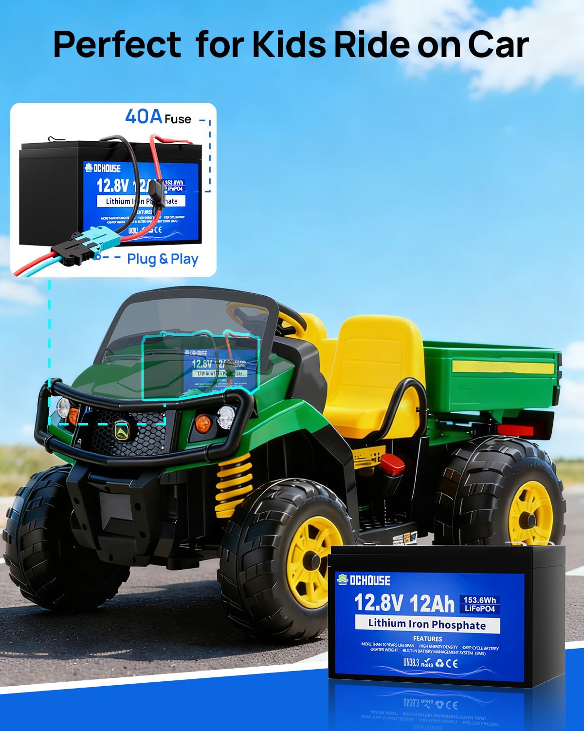 DC HOUSE Replacement 12V 12Ah Lithium Battery for Peg Perego Ride On Toys, with Wire Harness Connector & DC Port, 5000+ Cycles Rechargeable LiFePO4…