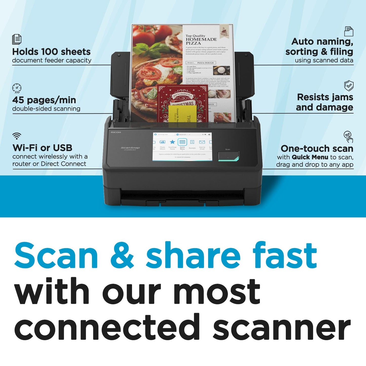 ScanSnap iX2500 Wireless or USB High-Speed Cloud Enabled Document, Photo & Receipt Scanner with Large 5" Touchscreen and 100 Page Auto Document Feeder