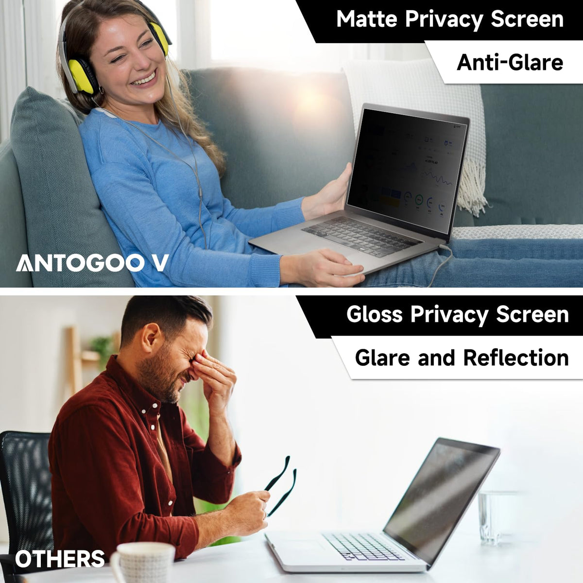 ANTOGOO V 14 Inch 16:10 Laptop Privacy Screen Filter, Anti Blue Light Glare & Anti Scratch Computer Privacy Shield for 14" with 1920x1200 Aspect Ratio