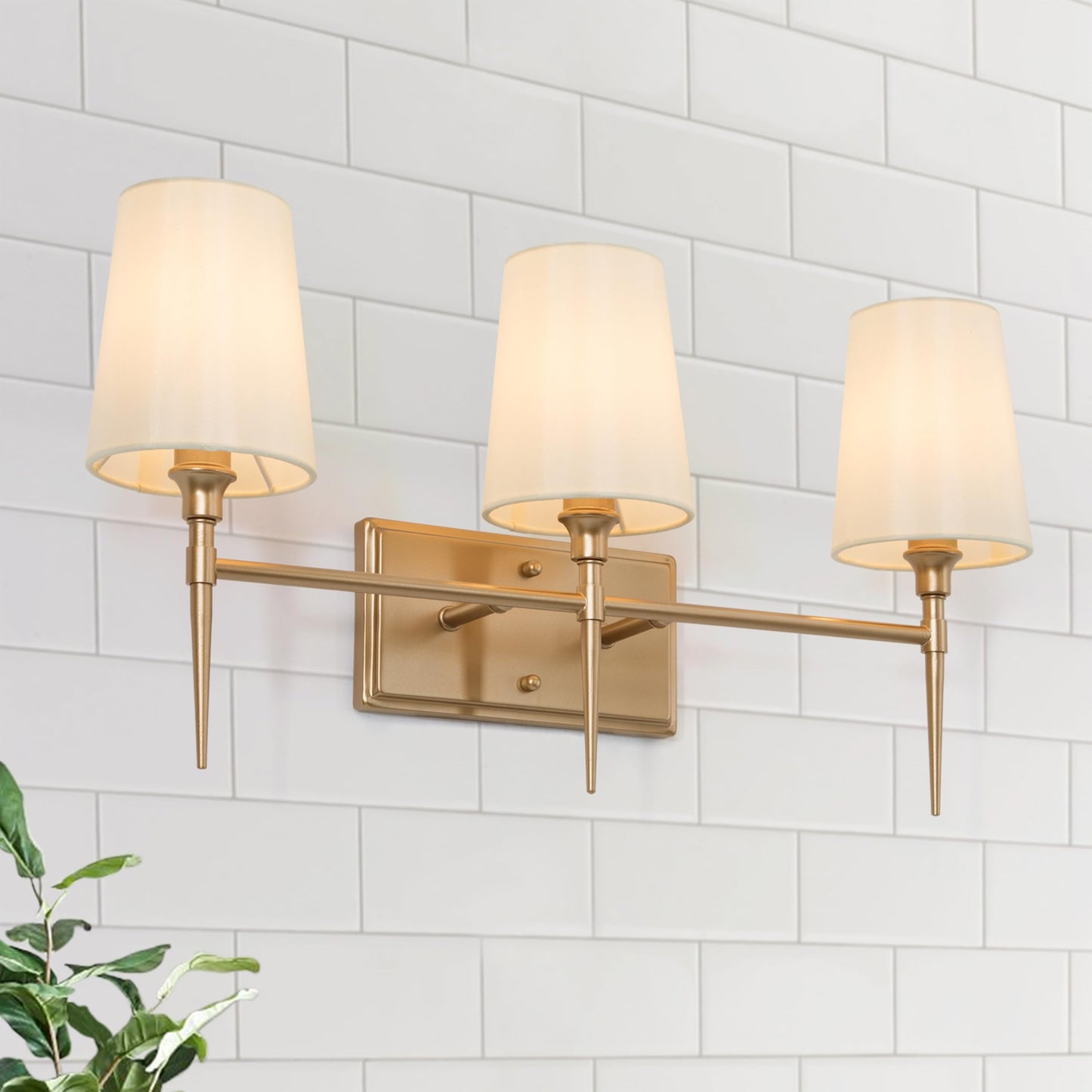 GEPOW Bathroom Wall Light Fixtures, 3-Light Gold Vanity Light with White Fabric Shade, Modern Wall Lamp Over Mirror for Hallway, Bedroom, Kitchen