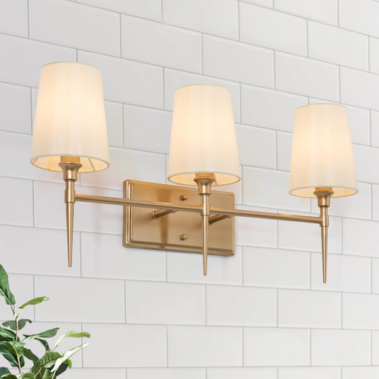 GEPOW Bathroom Wall Light Fixtures, 3-Light Gold Vanity Light with White Fabric Shade, Modern Wall Lamp Over Mirror for Hallway, Bedroom, Kitchen