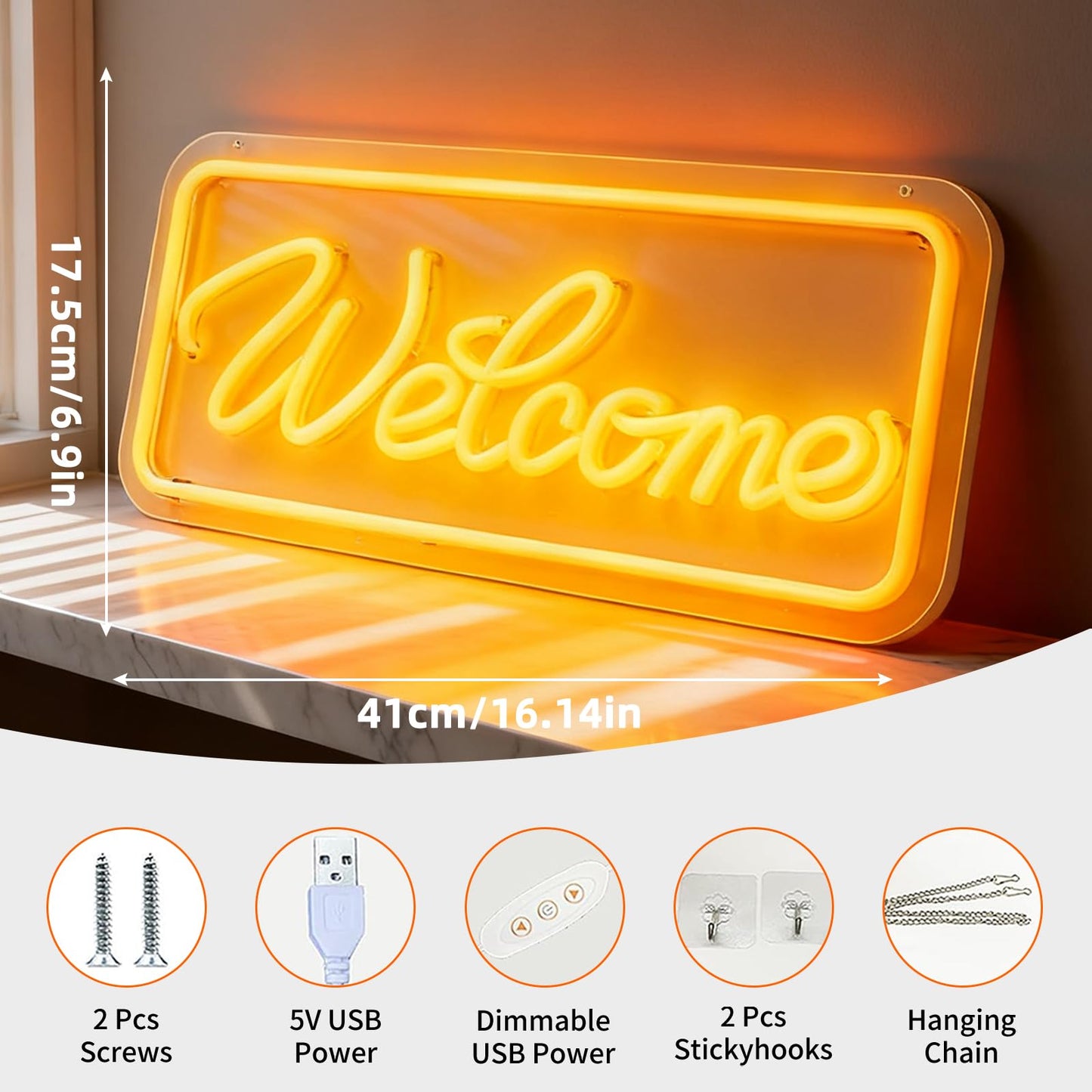 Welcome Neon Sign, USB Powered Dimmable Neon Light Home Welcome Sign Decor for Entryway Store Shop Living Room Bedroom Party Wall Table 16.1 x 6.9 In